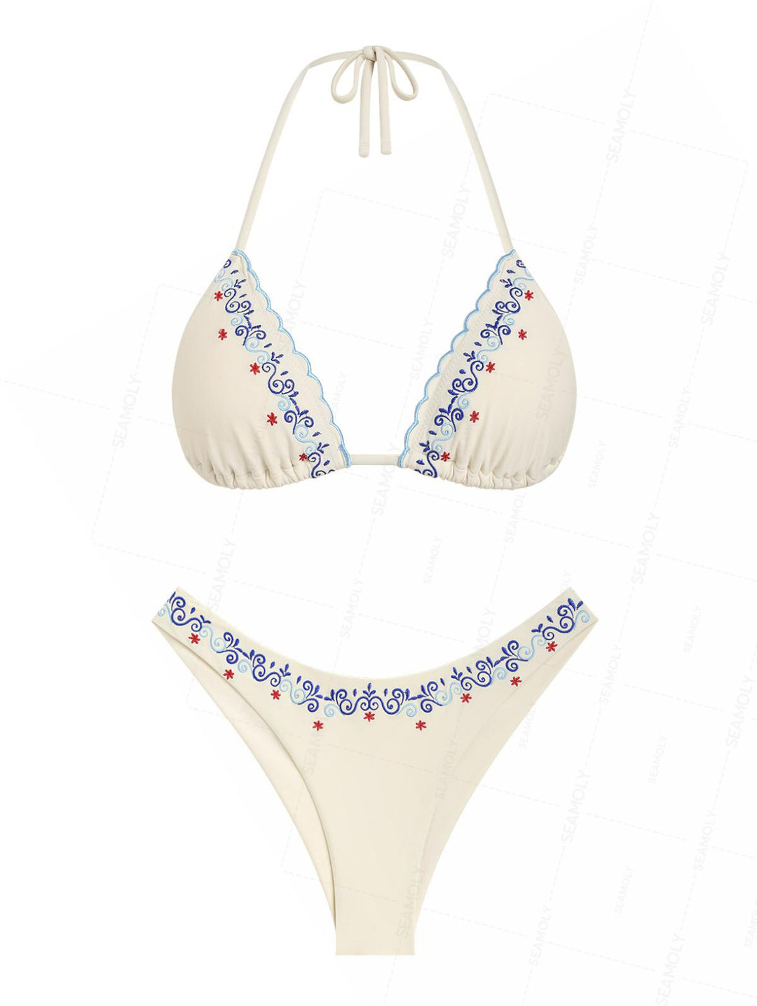 Seamolly Embroidery Halter Triangle Top & Cheeky Brazilian Bottom Bikini Set