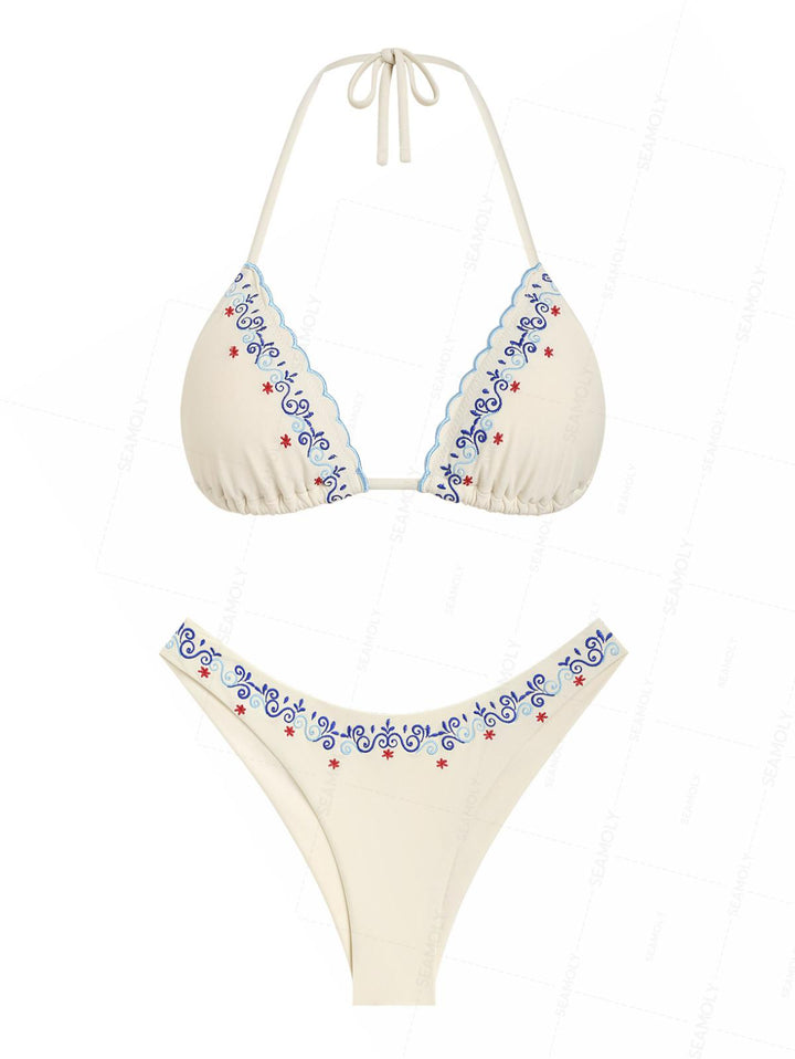 Seamolly Embroidery Halter Triangle Top & Cheeky Brazilian Bottom Bikini Set