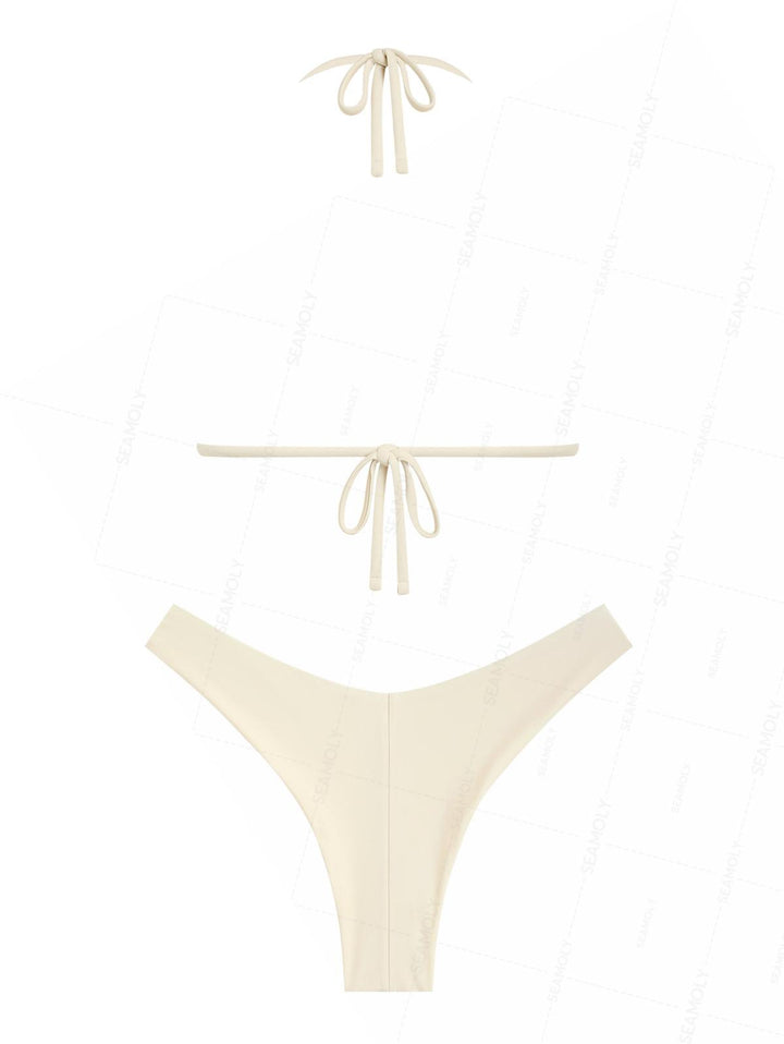 Seamolly Embroidery Halter Triangle Top & Cheeky Brazilian Bottom Bikini Set