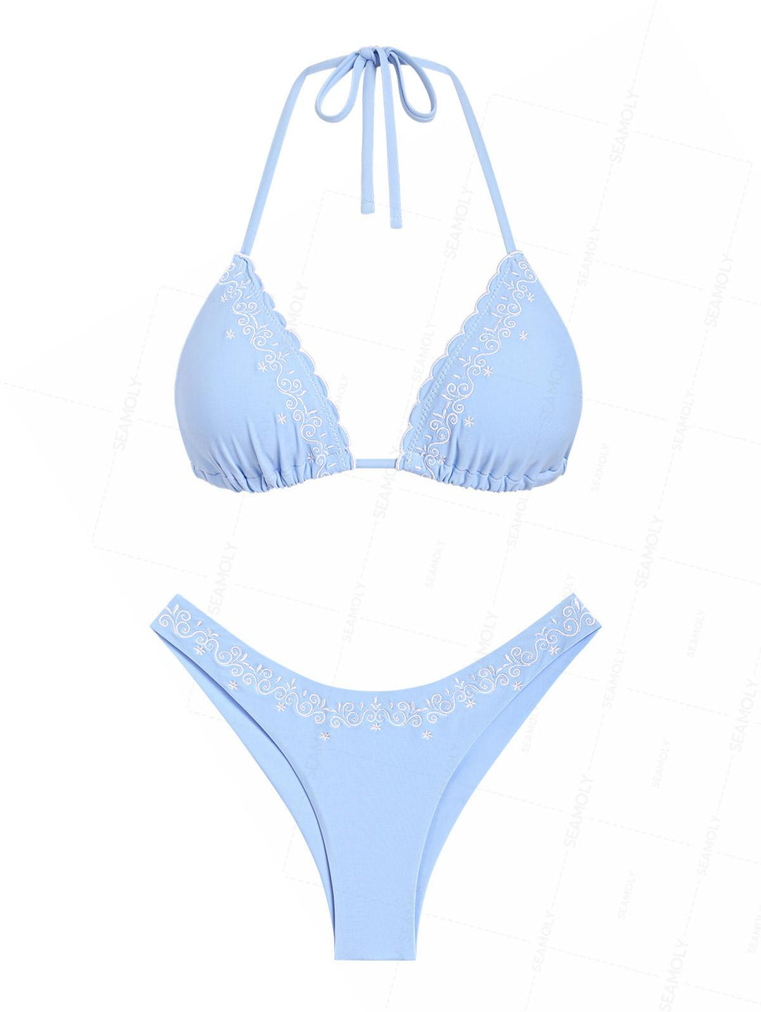 Seamolly Embroidery Halter Triangle Top & Cheeky Brazilian Bottom Bikini Set