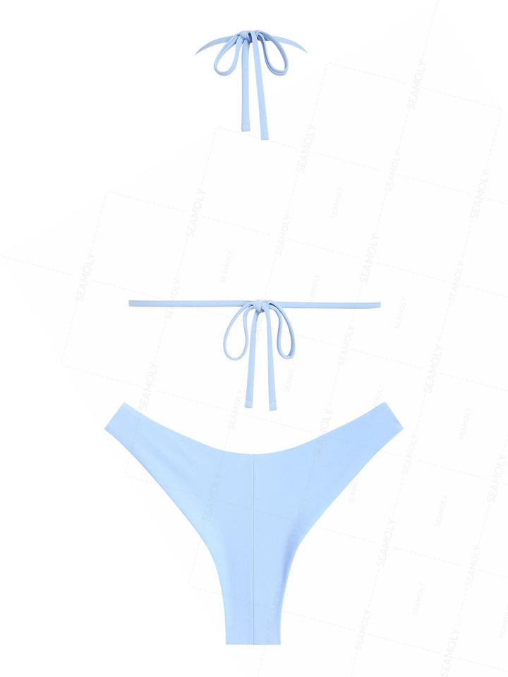 Seamolly Embroidery Halter Triangle Top & Cheeky Brazilian Bottom Bikini Set