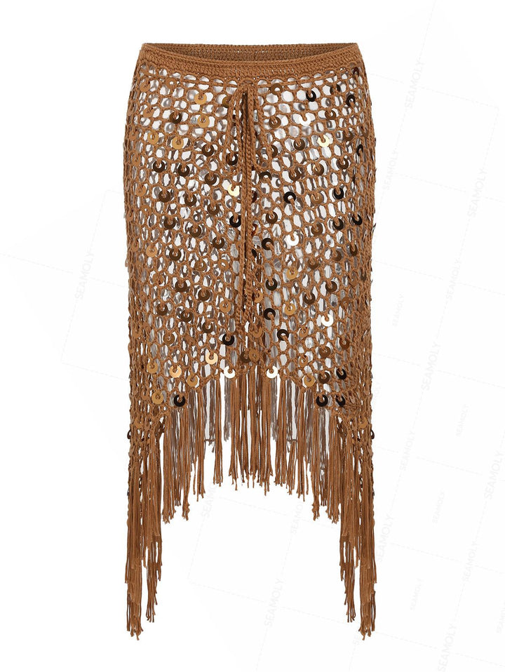 Crochet Openwork Sequins Fringed Hem Beach Cover Up Skirt
