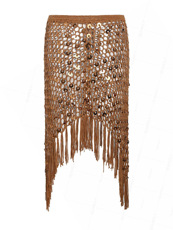Crochet Openwork Sequins Fringed Hem Beach Cover Up Skirt