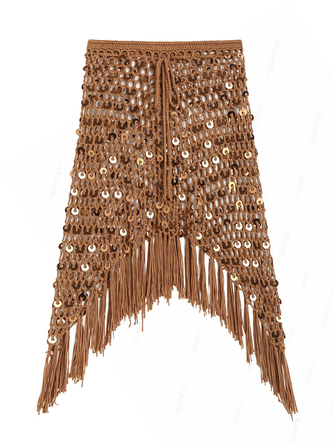 Crochet Openwork Sequins Fringed Hem Beach Cover Up Skirt
