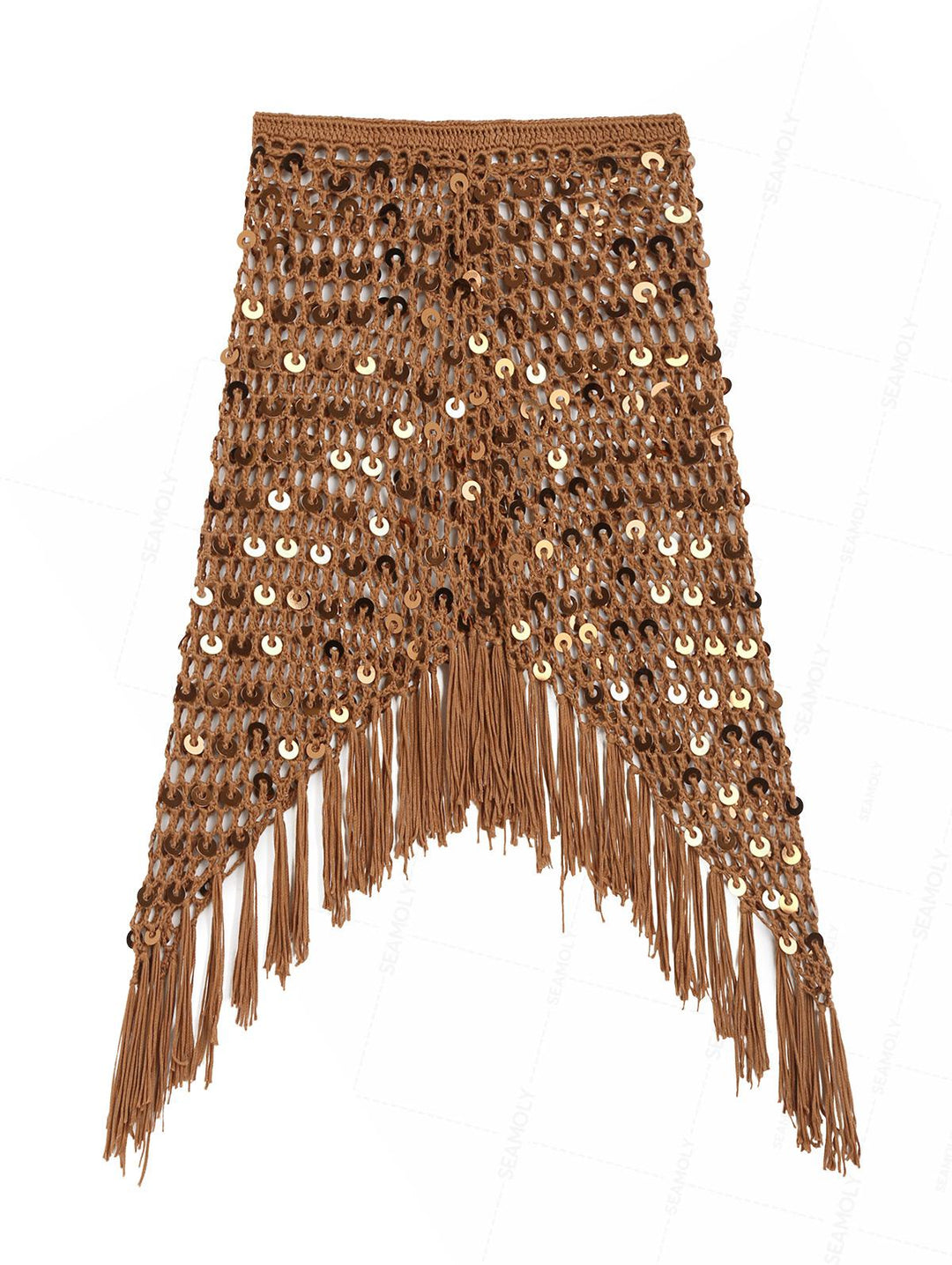 Crochet Openwork Sequins Fringed Hem Beach Cover Up Skirt