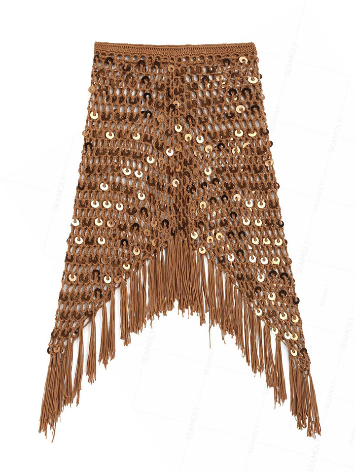 Crochet Openwork Sequins Fringed Hem Beach Cover Up Skirt