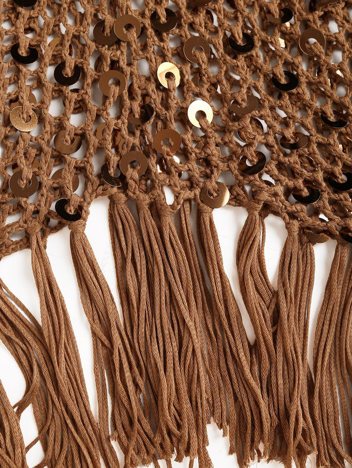 Crochet Openwork Sequins Fringed Hem Beach Cover Up Skirt
