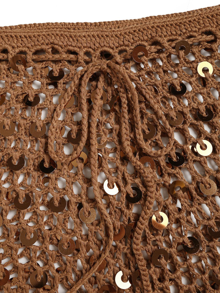 Crochet Openwork Sequins Fringed Hem Beach Cover Up Skirt