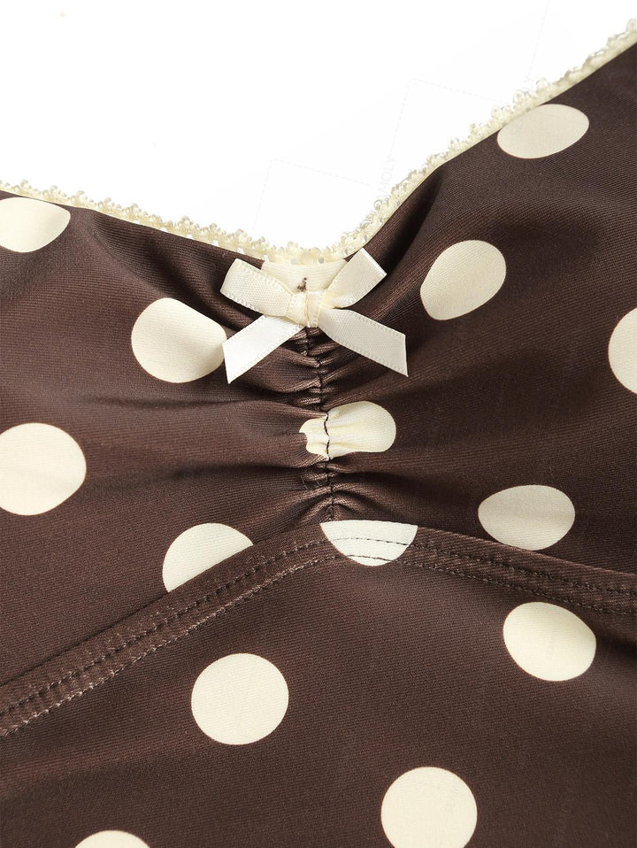 Seamolly Polka Dot Ruched Lace Bowknot Halter Cheeky Boyshorts Tankini Set