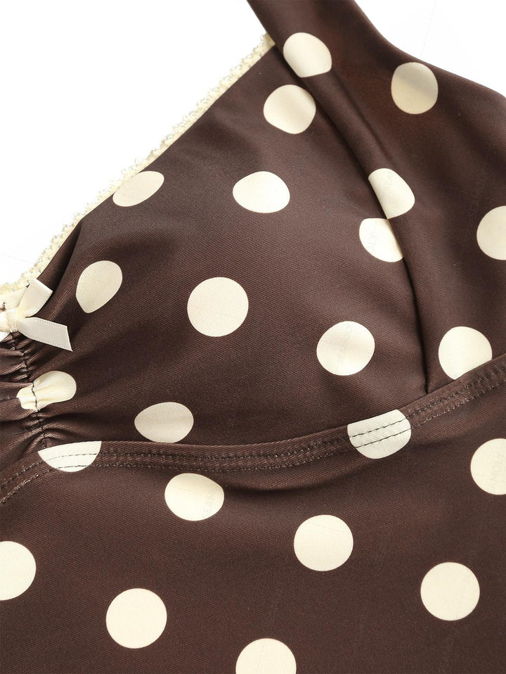 Seamolly Polka Dot Ruched Lace Bowknot Halter Cheeky Boyshorts Tankini Set