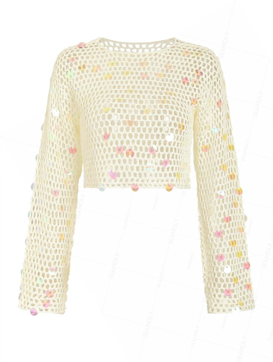 Crochet Openwork Sequins Long Sleeves Crop Beach Cover Up Top