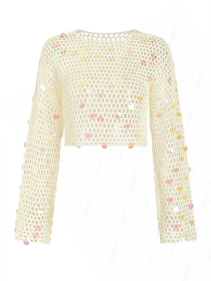 Crochet Openwork Sequins Long Sleeves Crop Beach Cover Up Top