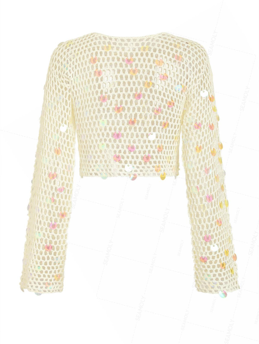 Crochet Openwork Sequins Long Sleeves Crop Beach Cover Up Top