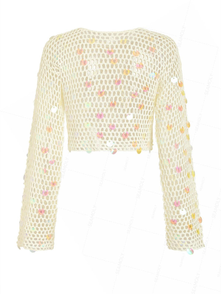 Crochet Openwork Sequins Long Sleeves Crop Beach Cover Up Top