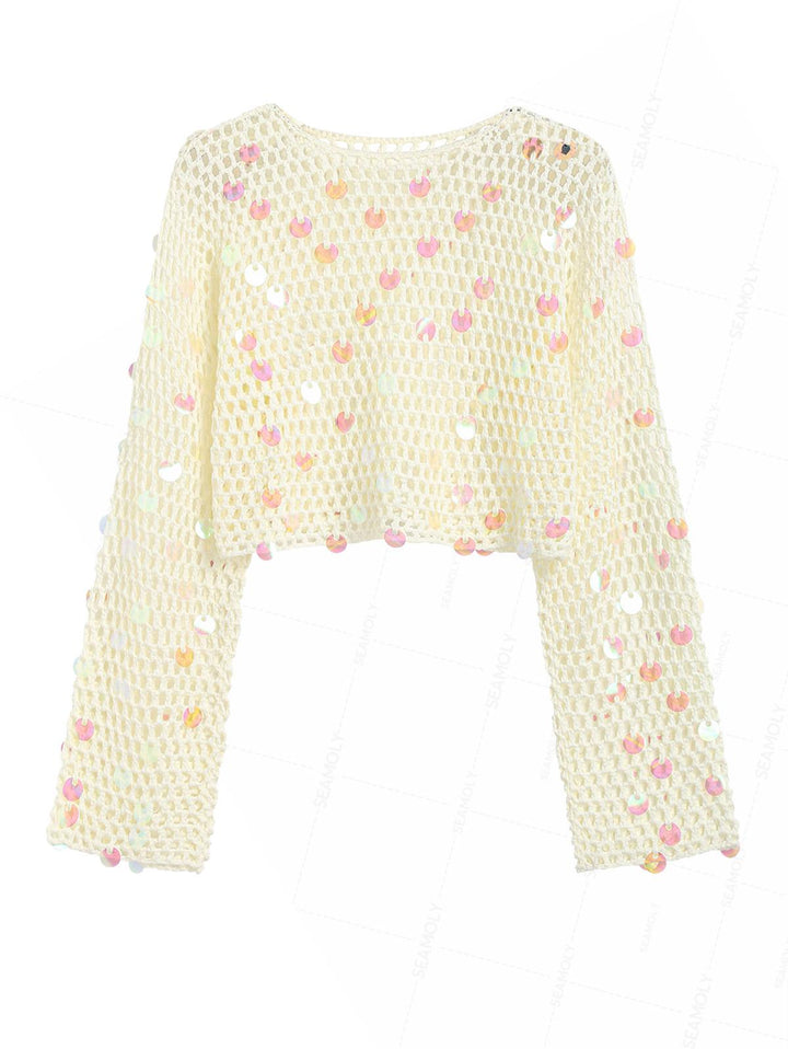 Crochet Openwork Sequins Long Sleeves Crop Beach Cover Up Top