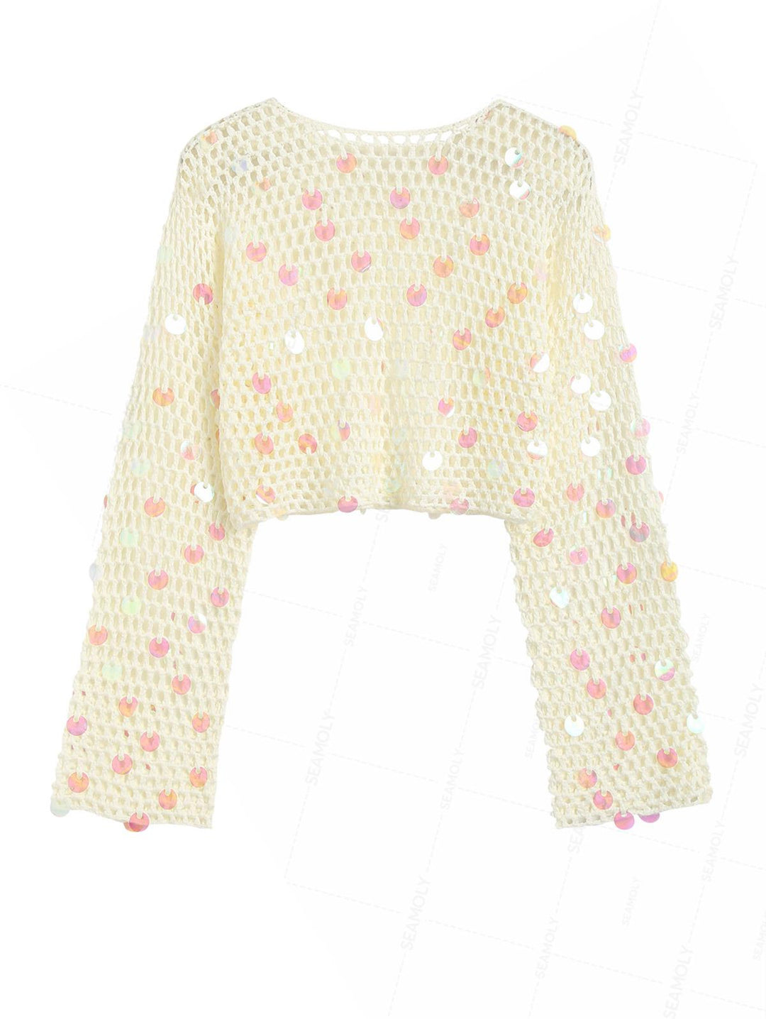 Crochet Openwork Sequins Long Sleeves Crop Beach Cover Up Top
