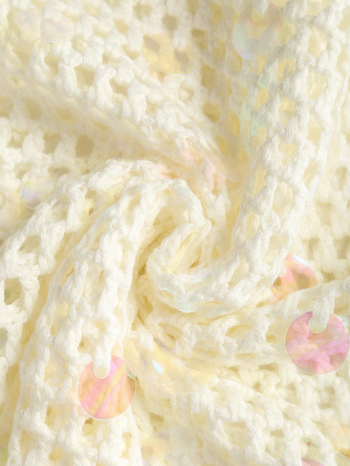 Crochet Openwork Sequins Long Sleeves Crop Beach Cover Up Top