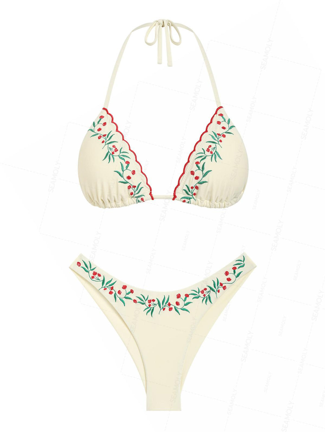 Seamolly Embroidery Halter Triangle Top & Cheeky Brazilian Bottom Bikini Set
