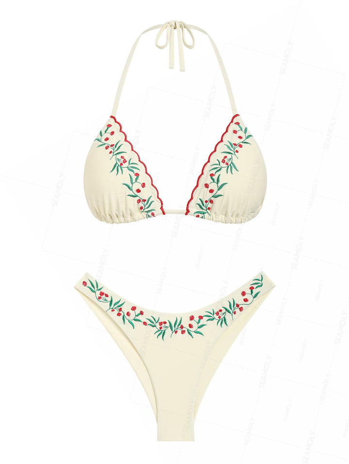 Seamolly Embroidery Halter Triangle Top & Cheeky Brazilian Bottom Bikini Set