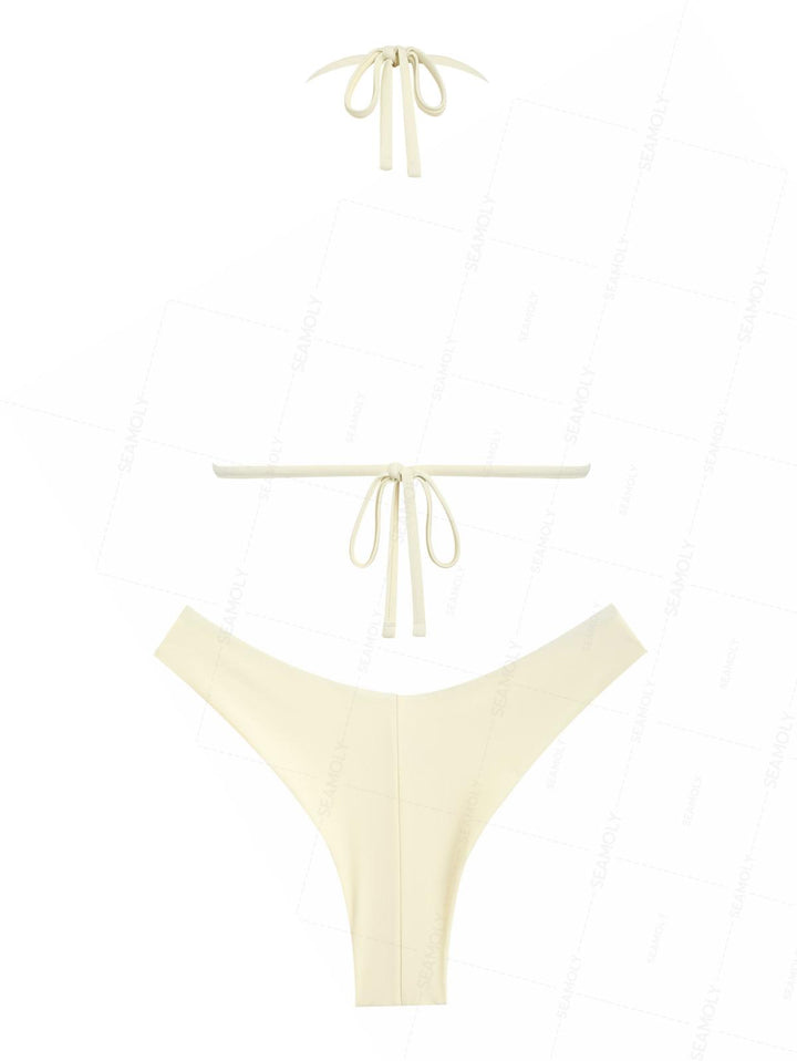 Seamolly Embroidery Halter Triangle Top & Cheeky Brazilian Bottom Bikini Set
