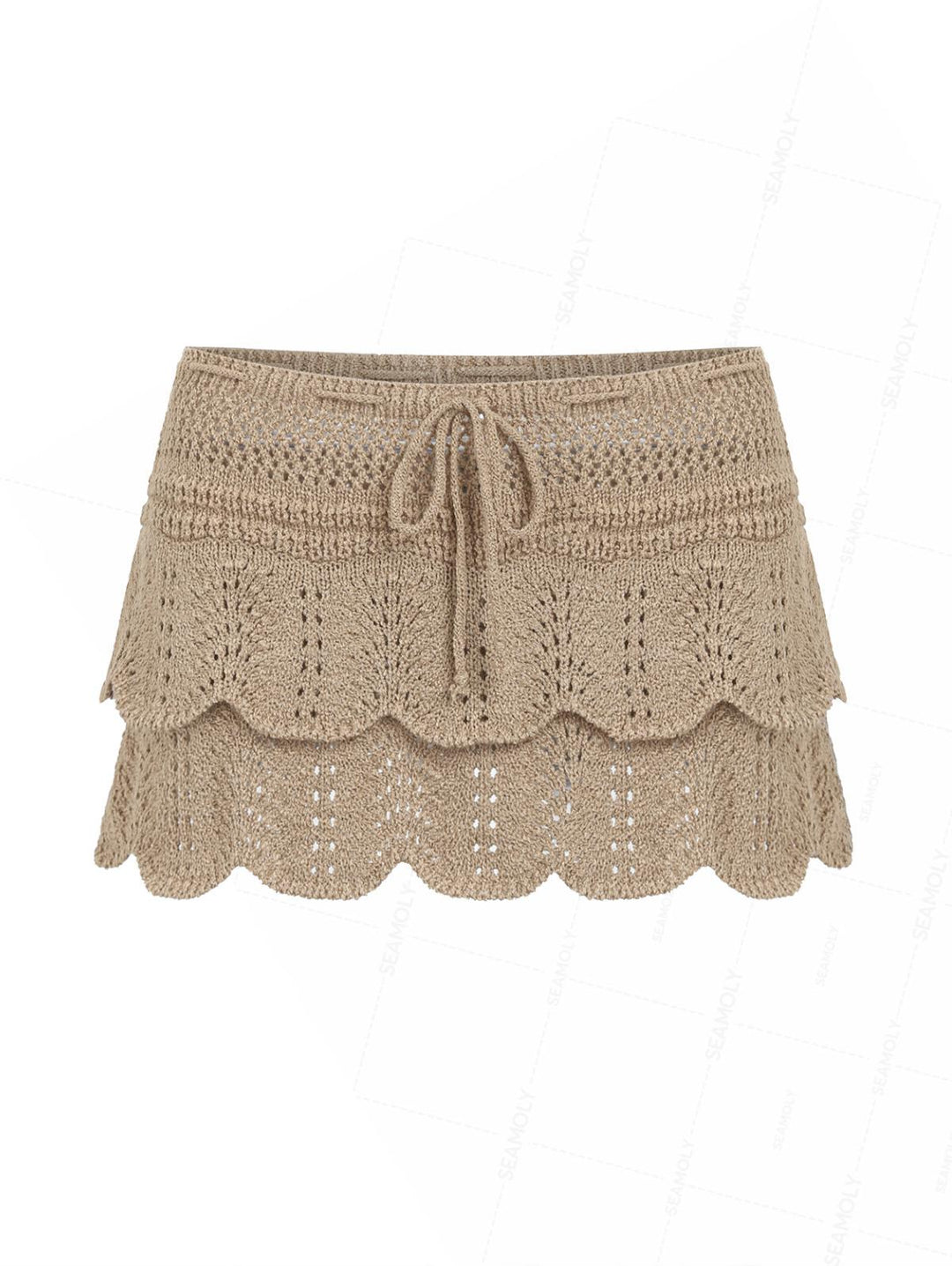 Drawstring Double Layered Crochet Scalloped Hem Mini Beach Cover Up Skirt