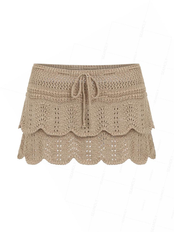 Drawstring Double Layered Crochet Scalloped Hem Mini Beach Cover Up Skirt