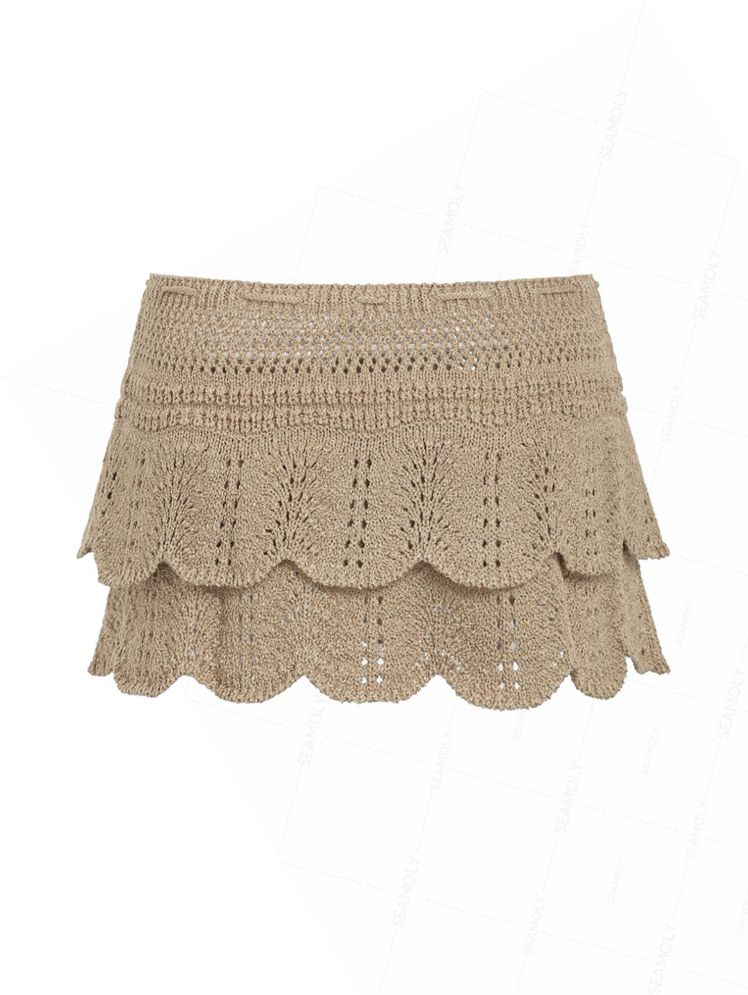 Drawstring Double Layered Crochet Scalloped Hem Mini Beach Cover Up Skirt