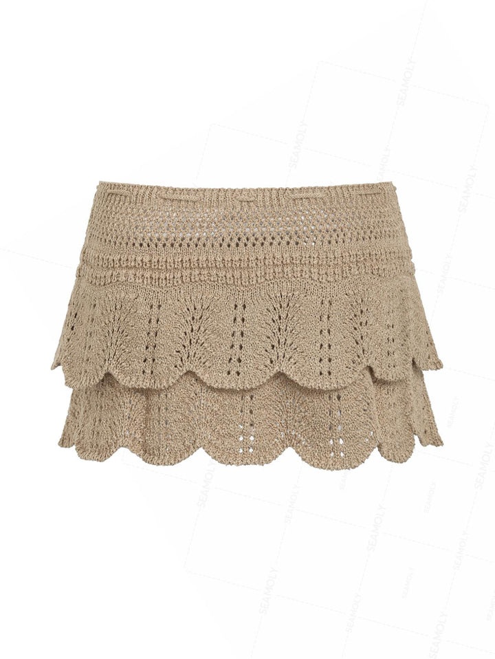 Drawstring Double Layered Crochet Scalloped Hem Mini Beach Cover Up Skirt