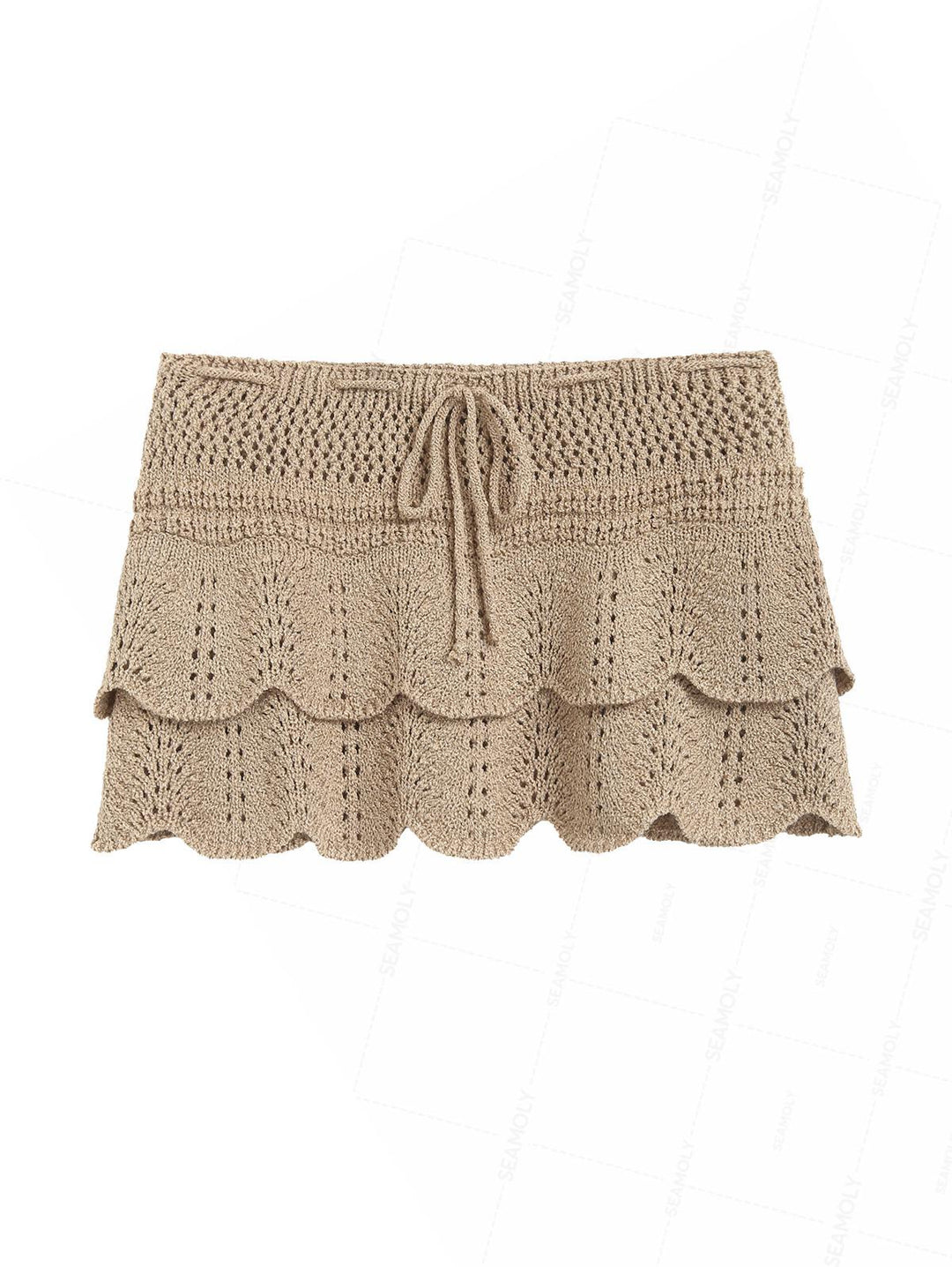 Drawstring Double Layered Crochet Scalloped Hem Mini Beach Cover Up Skirt