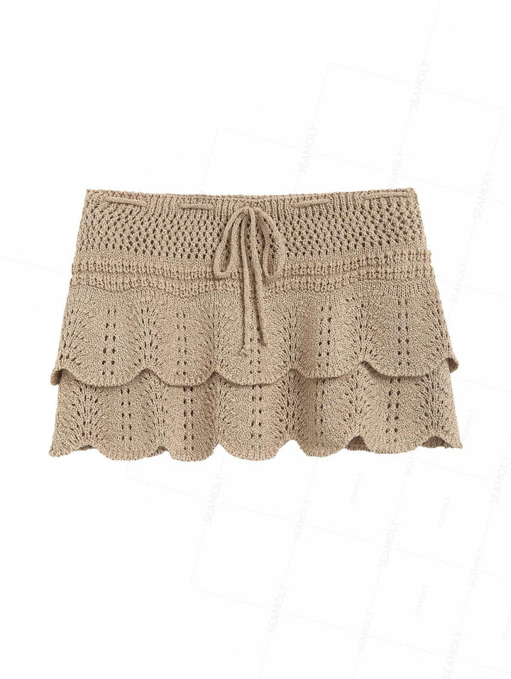 Drawstring Double Layered Crochet Scalloped Hem Mini Beach Cover Up Skirt