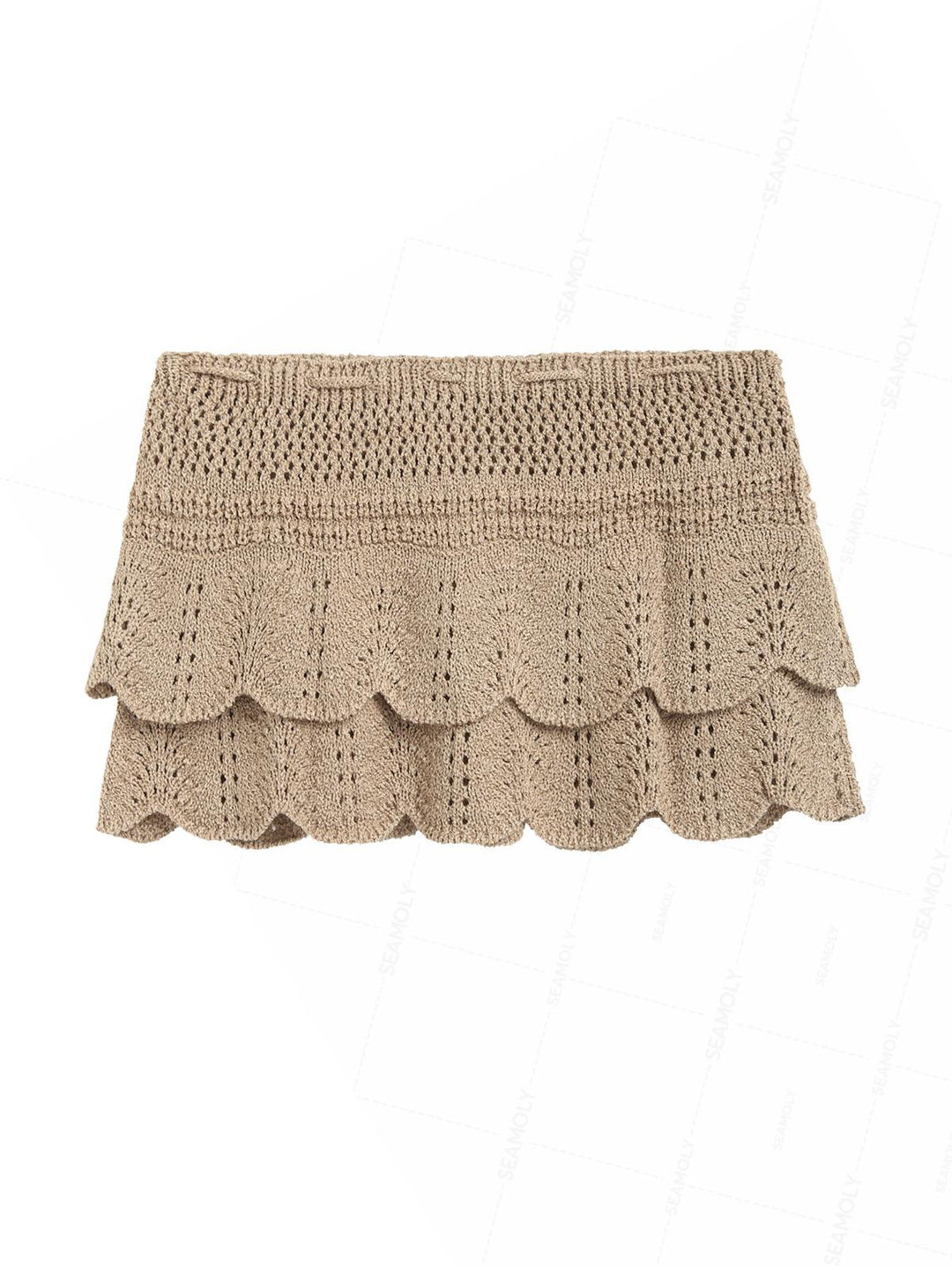 Drawstring Double Layered Crochet Scalloped Hem Mini Beach Cover Up Skirt