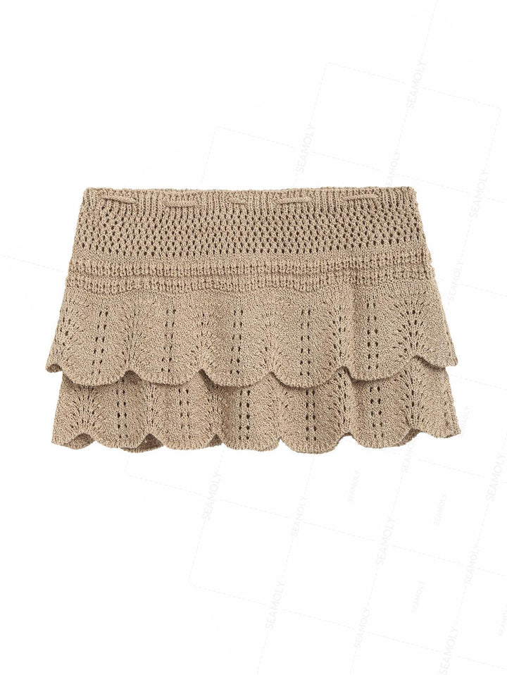 Drawstring Double Layered Crochet Scalloped Hem Mini Beach Cover Up Skirt