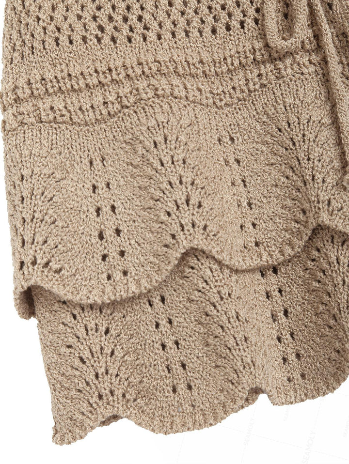Drawstring Double Layered Crochet Scalloped Hem Mini Beach Cover Up Skirt
