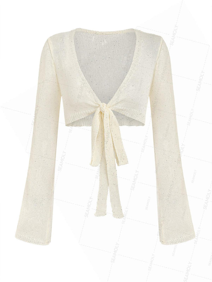 Multiway Tie Sequins Long Sleeves Knit Beach Crop Cover Up Top