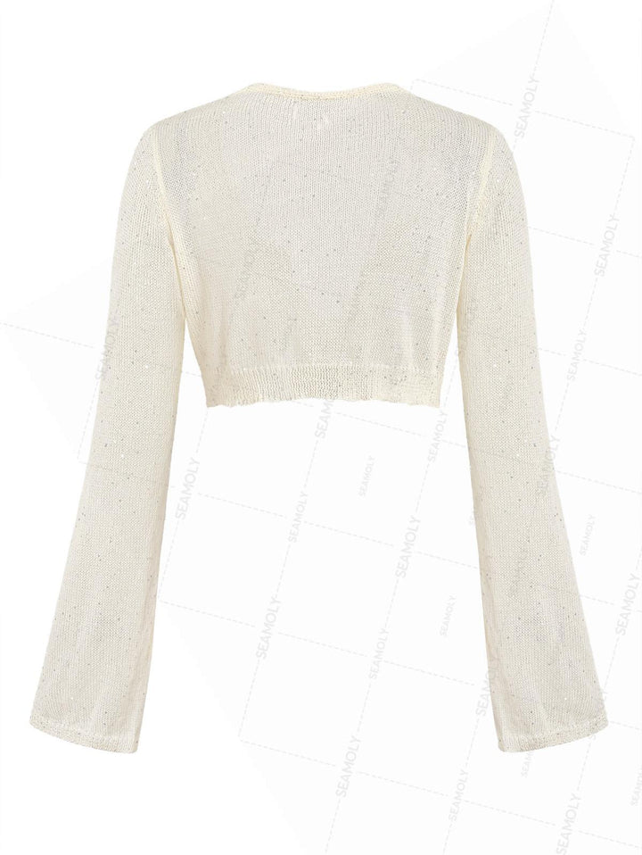 Multiway Tie Sequins Long Sleeves Knit Beach Crop Cover Up Top