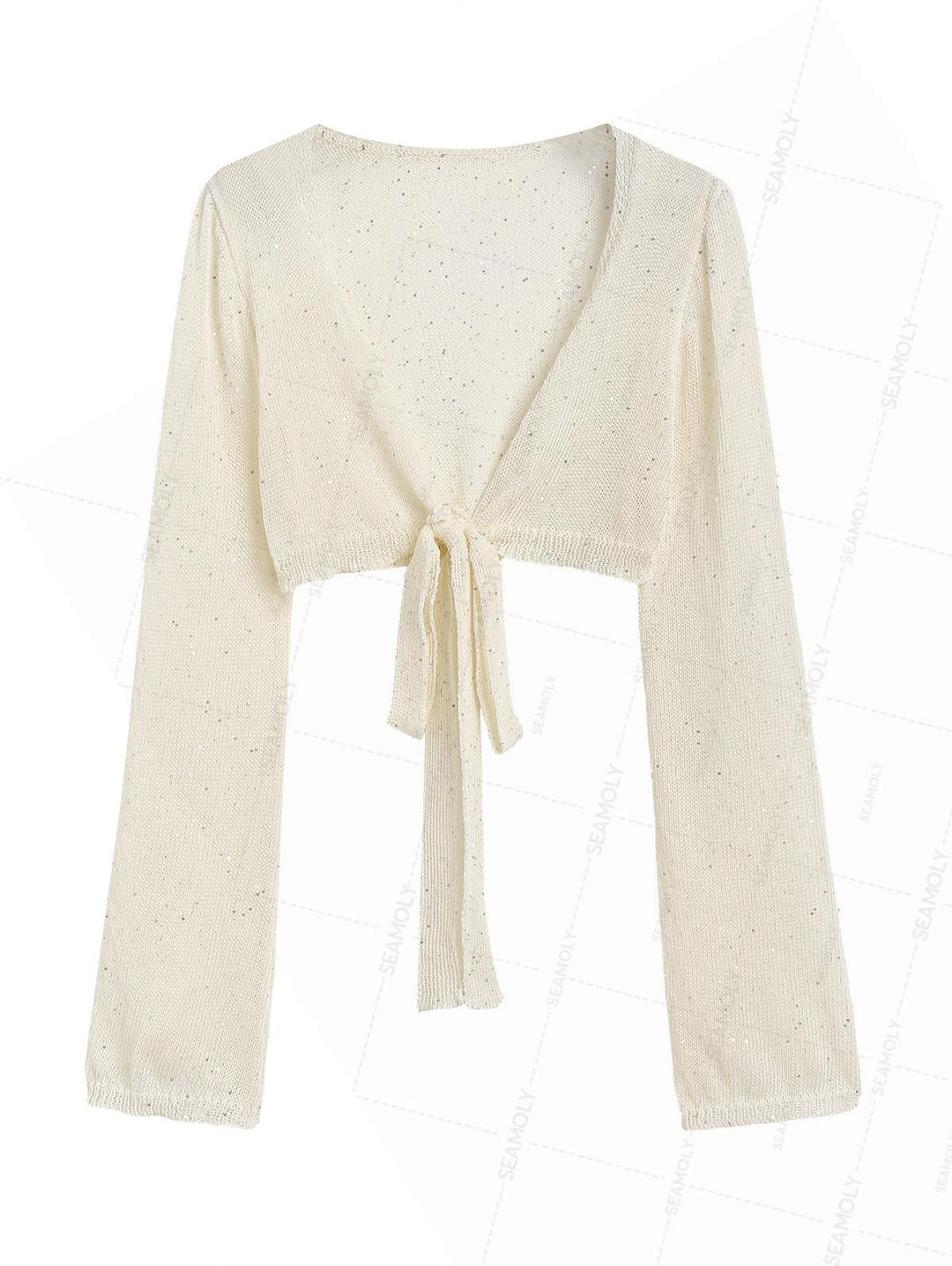 Multiway Tie Sequins Long Sleeves Knit Beach Crop Cover Up Top