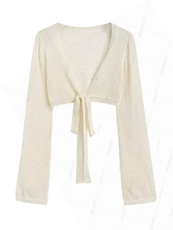 Multiway Tie Sequins Long Sleeves Knit Beach Crop Cover Up Top
