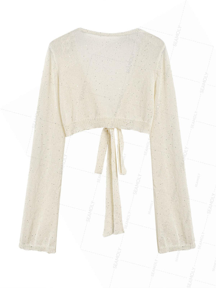 Multiway Tie Sequins Long Sleeves Knit Beach Crop Cover Up Top