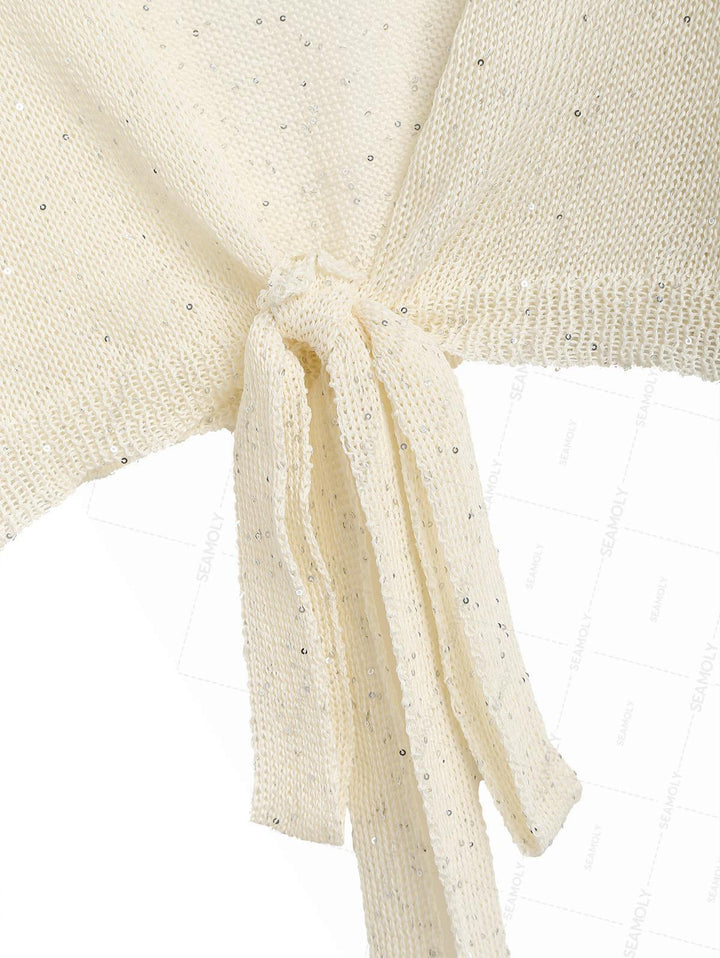 Multiway Tie Sequins Long Sleeves Knit Beach Crop Cover Up Top