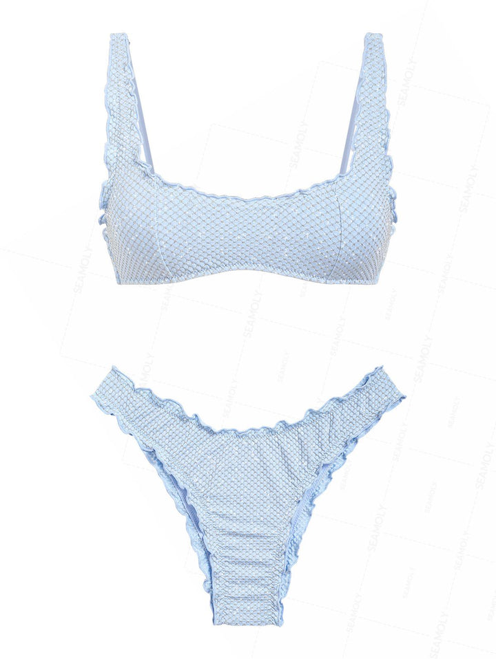 Seamolly Textured Gold Lurex Ruffles Edge Bralette Bikini Set