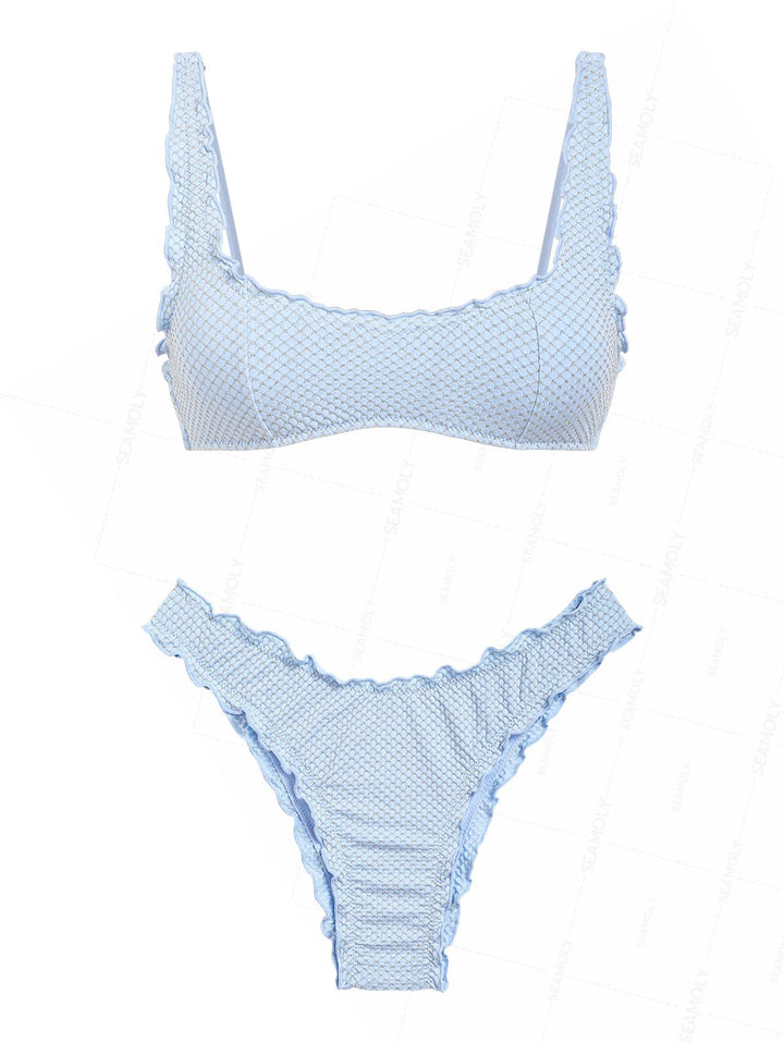 Seamolly Textured Gold Lurex Ruffles Edge Bralette Bikini Set