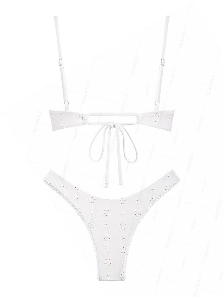 Seamolly Recycled Fabric Eyelet Jacquard Lace Bowknot Underwire Bikini Set