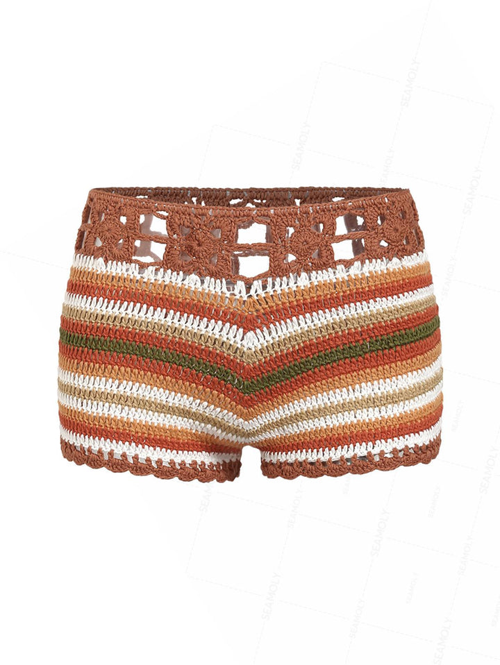 Crochet Striped Low Rise Beach Cover Up Micro Mini Shorts