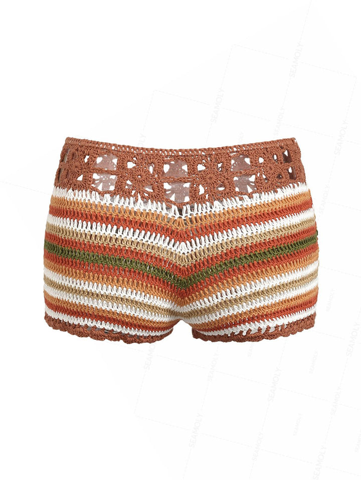 Crochet Striped Low Rise Beach Cover Up Micro Mini Shorts