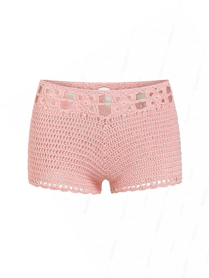 Crochet Knit Low Rise Beach Cover Up Micro Mini Shorts