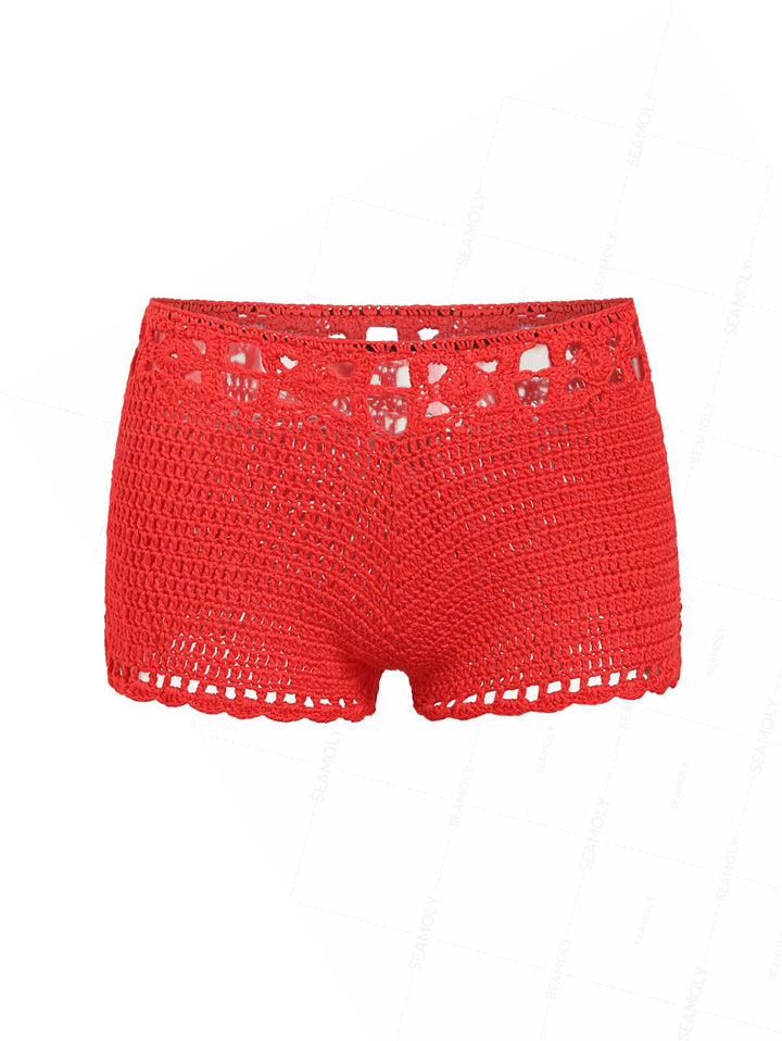 Crochet Knit Low Rise Beach Cover Up Micro Mini Shorts