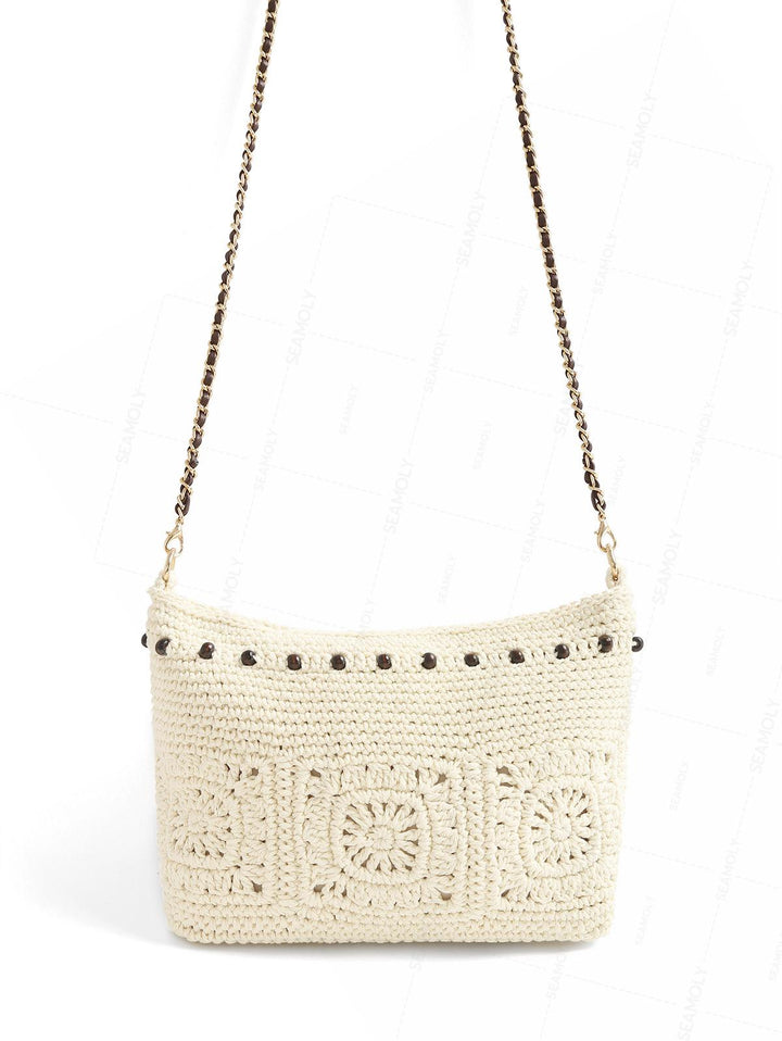Granny Square Crochet Beading Zipper Shoulder Crossbody Bag