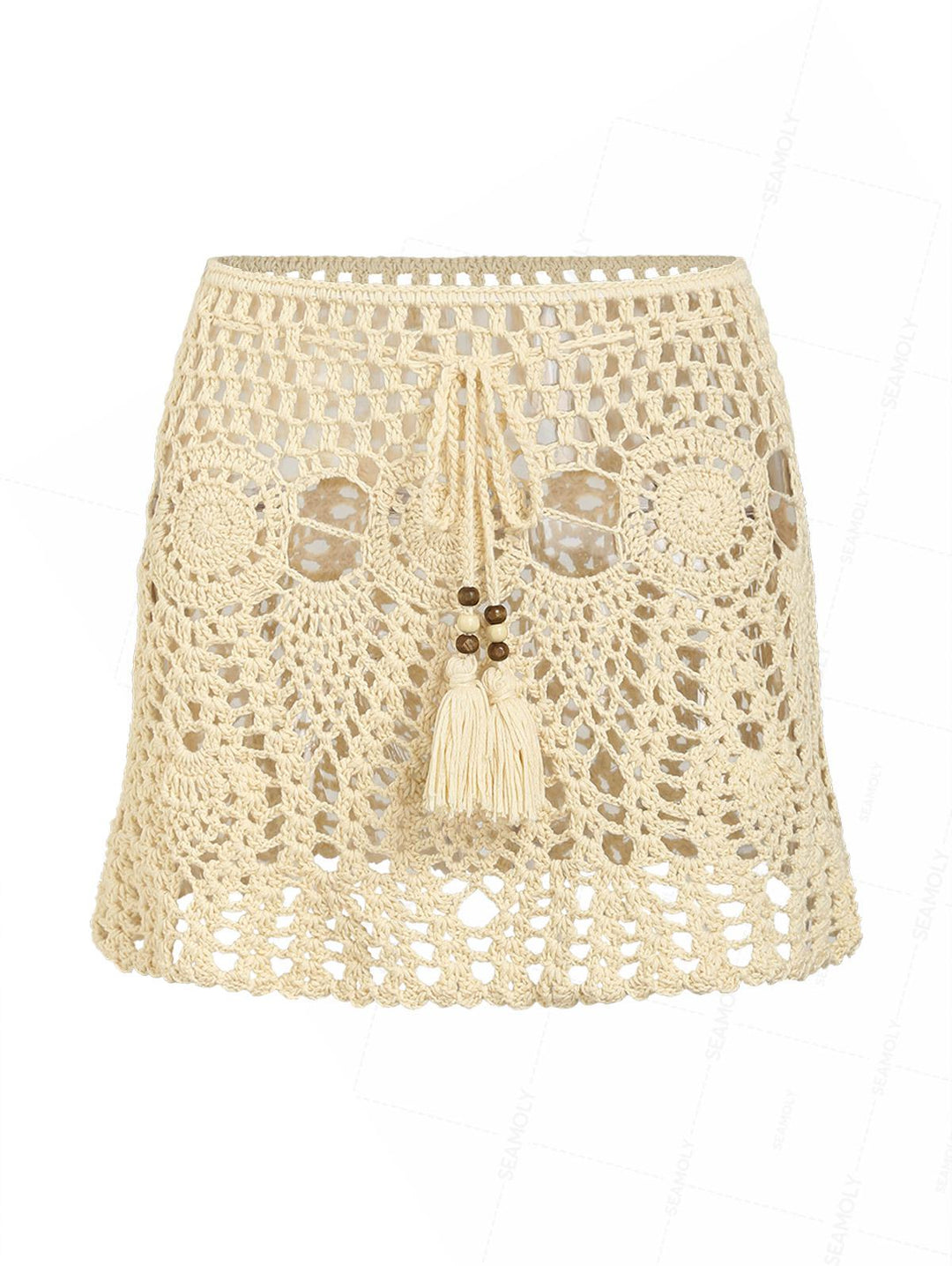 Crochet Openwork Beading Tassel Beach Cover Up Skirt