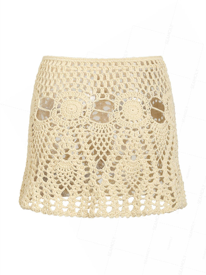 Crochet Openwork Beading Tassel Beach Cover Up Skirt