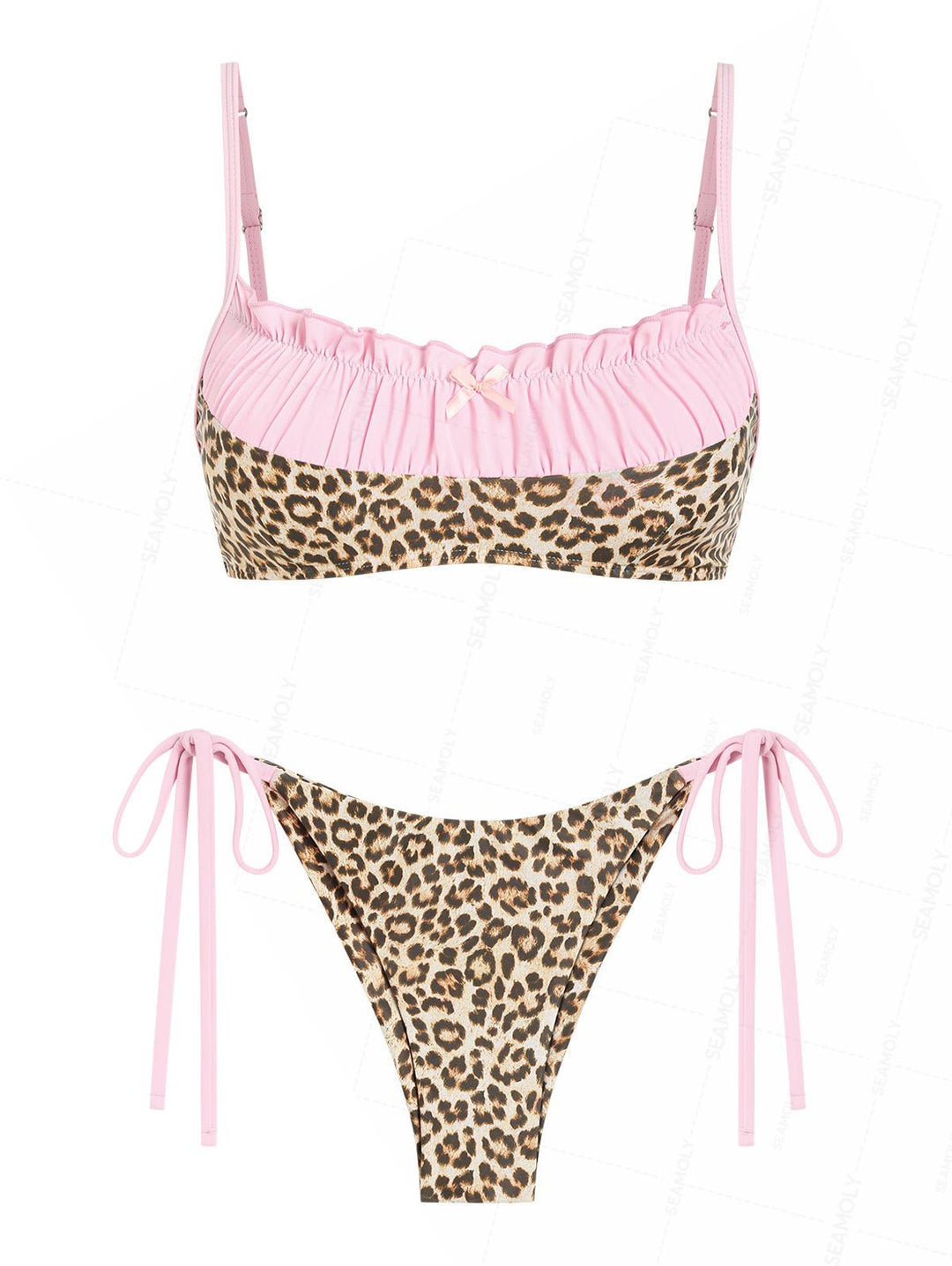 Seamolly Leopard Print Ruched Bralette Top & Cheeky Brazilian Bottom Bikini Set